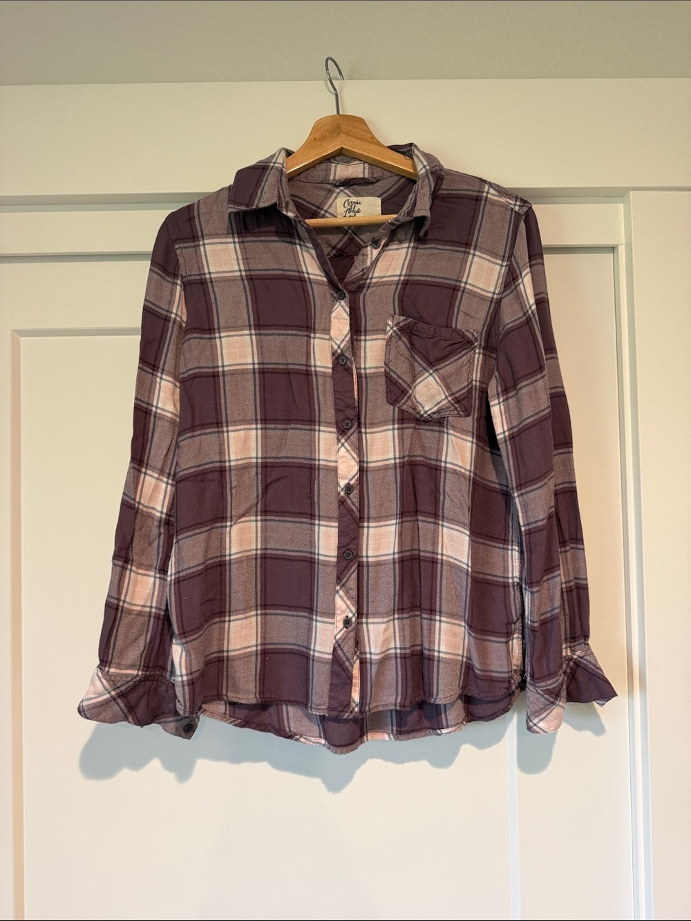 Cosmic Blue Love Cozy Plaid Button-Down Shirt - Plum and Cream